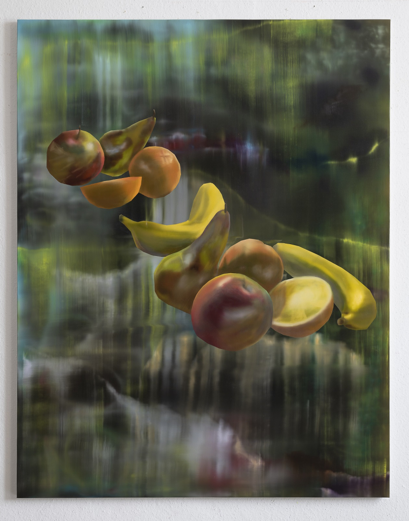 Rute Merk, Apple, Banana, Orange, Pear, 2023, oil on linen, 205 x 160 cm