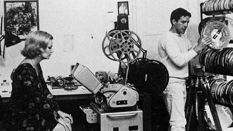 Gena Rowlands and John Cassavetes in the editing room (garage) of their Hollywood Hills home, 1967.